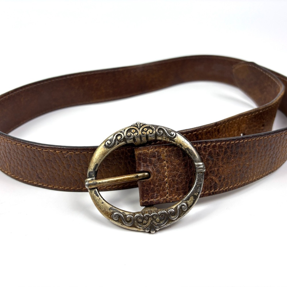 VTG Y2K Merona Pebbled Leather Belt Floral Silver Buckle Womens Sz L Brown Boho‎